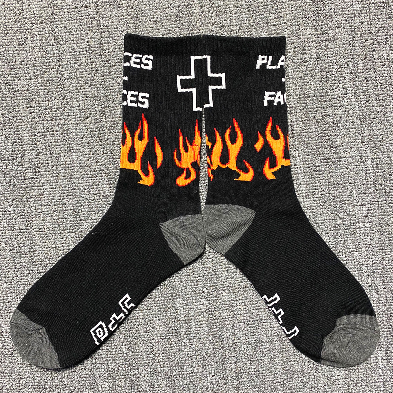 Tide PLACES + FACES Letter Cotton Flame Cross Street Hip-hop In The Barrel Men And Women Sports Socks